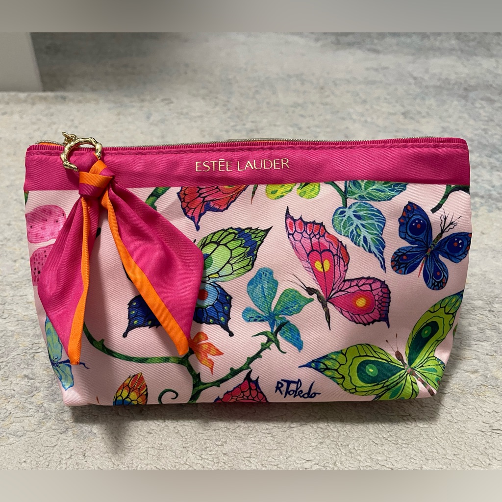 Brand New Este Lauder Top Zip Cosmetic Case With BowTie And Butterfly Prints